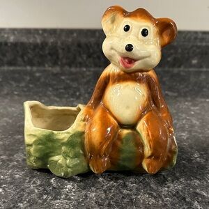 1950's American Bisque Bear on Log Planter 5 x 6 1/2"